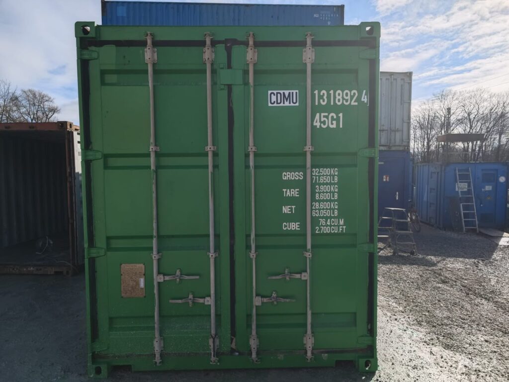 40-Fuß-High-Cube-Container A-Variante in Grün, Stirnseite mit Türen