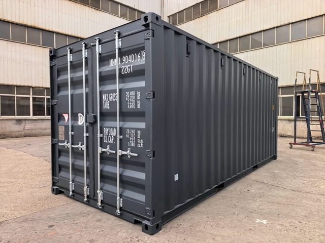 20-Fuß-Container mit Stahlboden in Anthrazit von schräg vorn