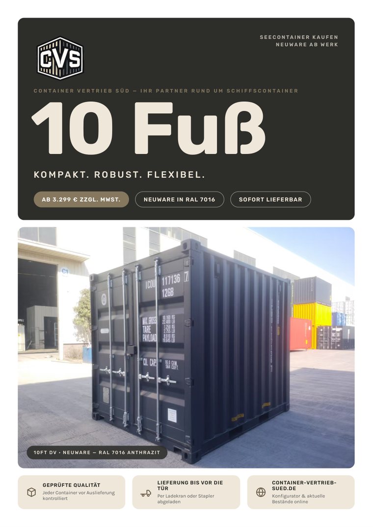 Titelseite des CVS-Flyers 10 Fuß: anthrazitfarbener 10-Fuß-Container in RAL 7016 auf einem Containerdepot