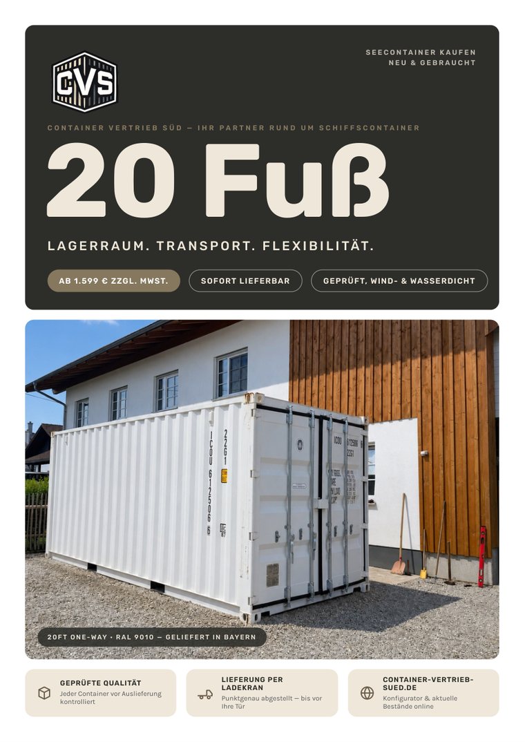 Titelseite des CVS-Flyers 20 Fuß: weißer 20-Fuß-One-Way-Container neben einem Wohnhaus mit Holzfassade