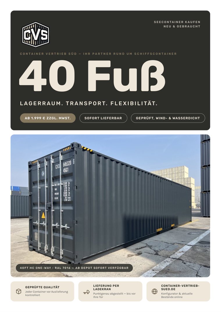Titelseite des CVS-Flyers 40 Fuß: anthrazitfarbener 40-Fuß-High-Cube-Container auf einem Containerdepot