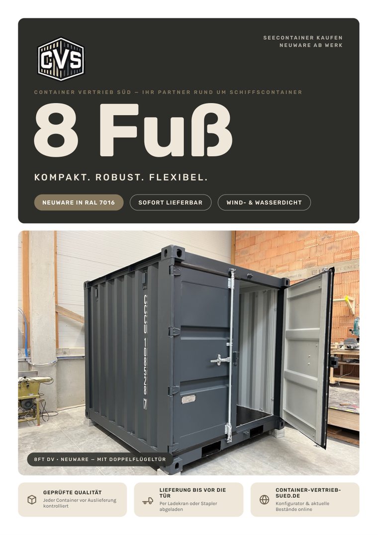 Titelseite des CVS-Flyers 8 Fuß: anthrazitfarbener 8-Fuß-Container mit geöffneter Doppelflügeltür in einer Halle