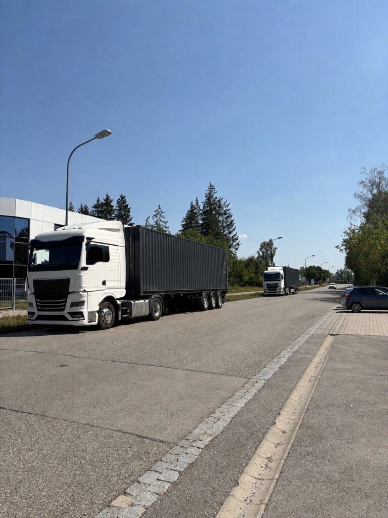 Zwei Sattelzüge mit dunklen 40-Fuß-Containern auf einer Straße im Gewerbegebiet