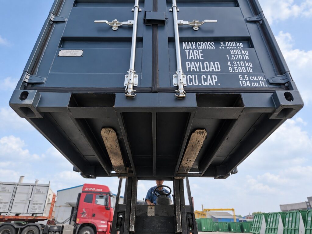 6-Fuß-Container auf den Gabeln eines Staplers, von unten gesehen mit Blick auf die Staplertaschen