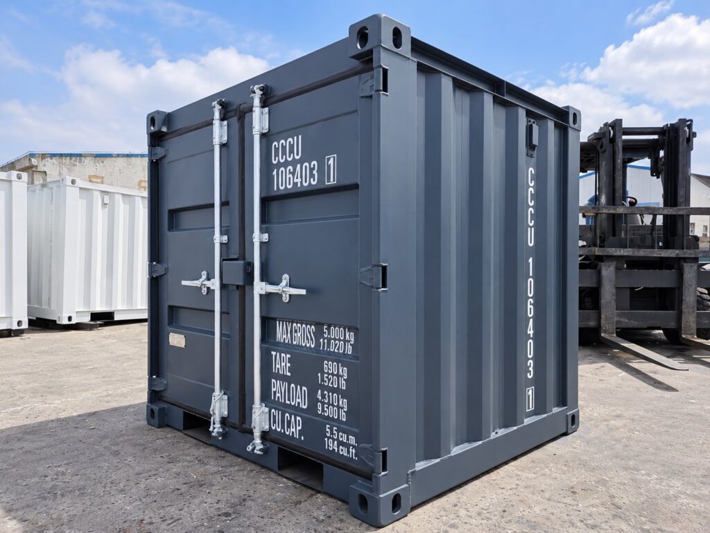 6-Fuß-Container in Anthrazit von schräg vorn mit geschlossener Doppeltür, dahinter ein Gabelstapler
