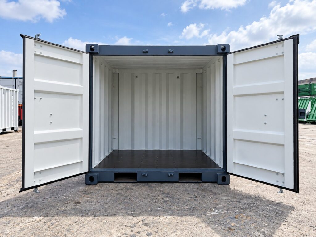 6-Fuß-Container mit weit geöffneten Türen, Blick in den leeren Innenraum mit weißen Wänden
