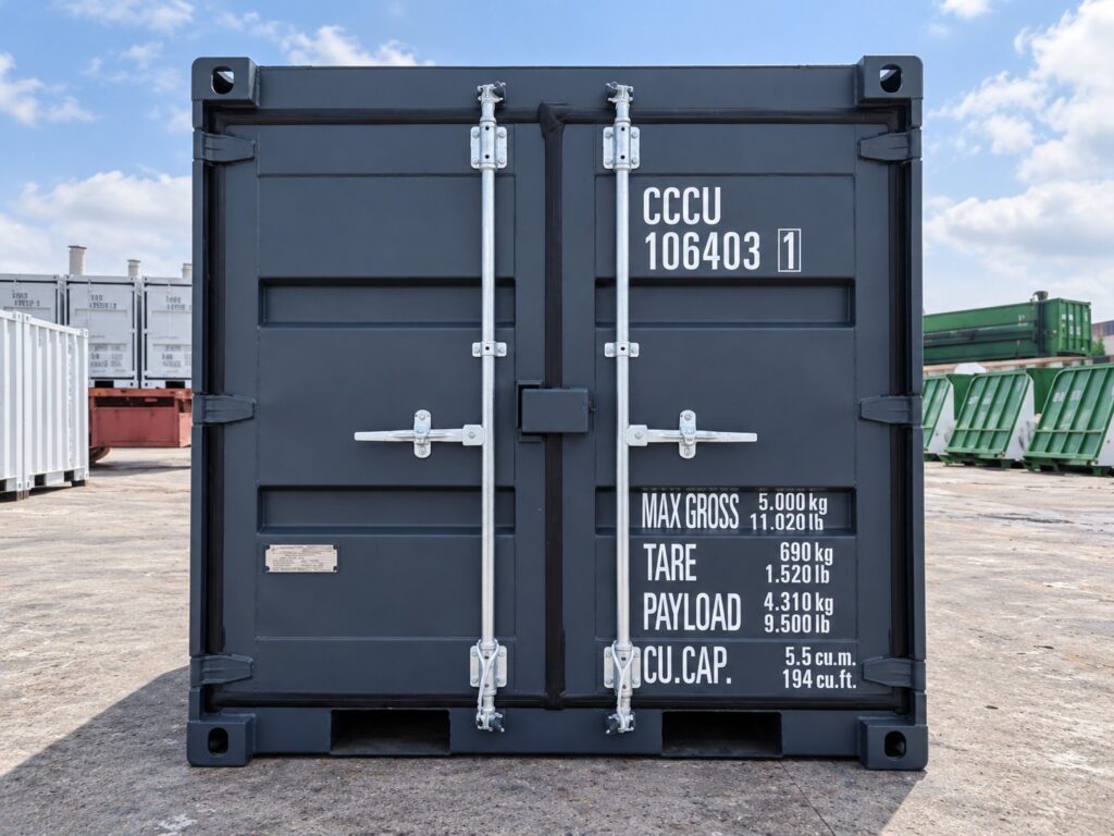 6-Fuß-Container von vorn mit geschlossener Doppeltür und zwei Verriegelungsstangen