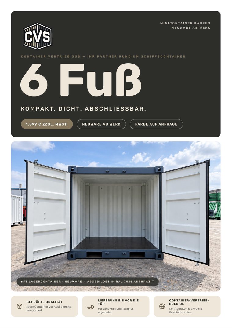 Titelseite des CVS-Flyers 6 Fuß: anthrazitfarbener 6-Fuß-Minicontainer mit geöffneter Doppelflügeltür auf einem Depot