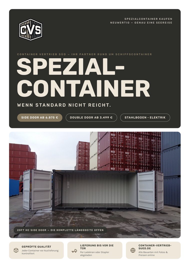Titelseite des CVS-Flyers Spezialcontainer: 20-Fuß-High-Cube-Side-Door-Container mit geöffneter Längsseite auf einem Depot